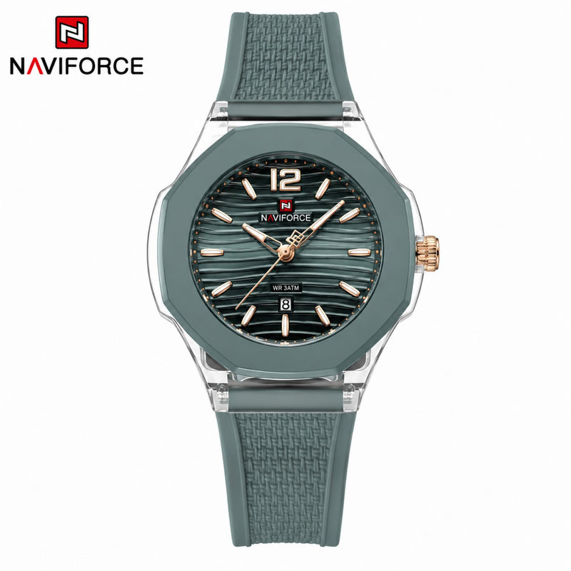 Naviforce Reloj Analógico Verde con Detalles Plateados con Correa de Acero Inoxidable, Diámetro de 35 mm, Cristal Acrílico HD y Resistencia al Agua 5 ATM.