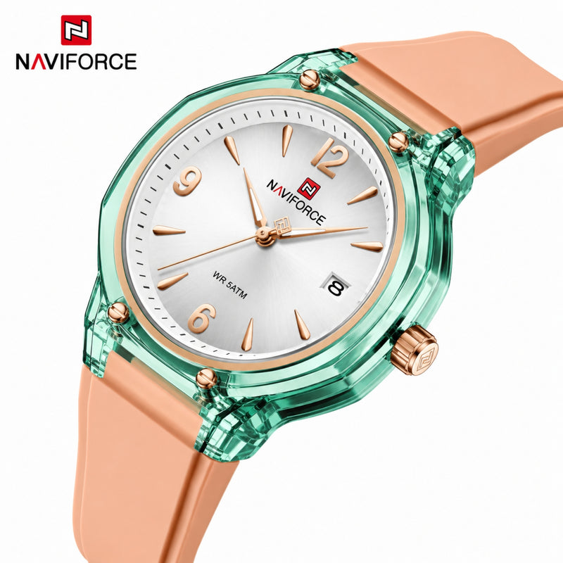 Naviforce Reloj Analógico Naranja con Detalles Verdes, Correa de Silicona, Diámetro de 36 mm, Cristal Acrílico HD y Resistencia al Agua 5 ATM.