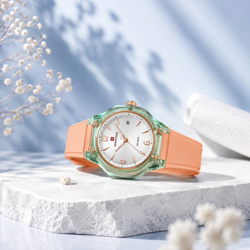 Naviforce Reloj Analógico Naranja con Detalles Verdes, Correa de Silicona, Diámetro de 36 mm, Cristal Acrílico HD y Resistencia al Agua 5 ATM.