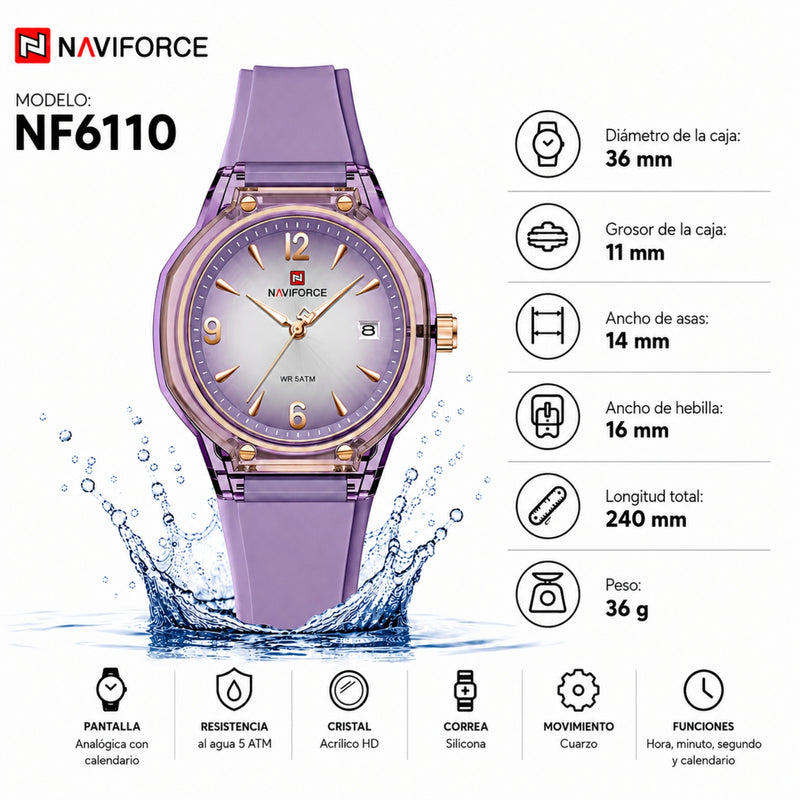 Naviforce Reloj Analógico Morado con Correa de Silicona, Diámetro de 36 mm, Cristal Acrílico HD y Resistencia al Agua 5 ATM.