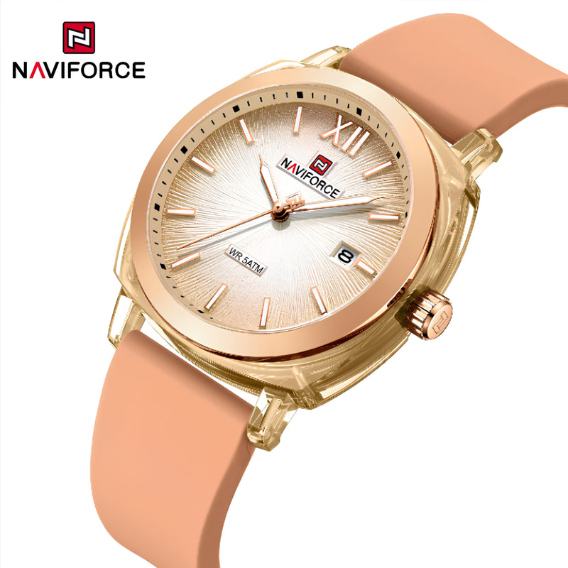 Naviforce Reloj Analógico Rose Gold con Correa de Silicona, Diámetro de 37 mm, Cristal Acrílico HD y Resistencia al Agua 5 ATM.