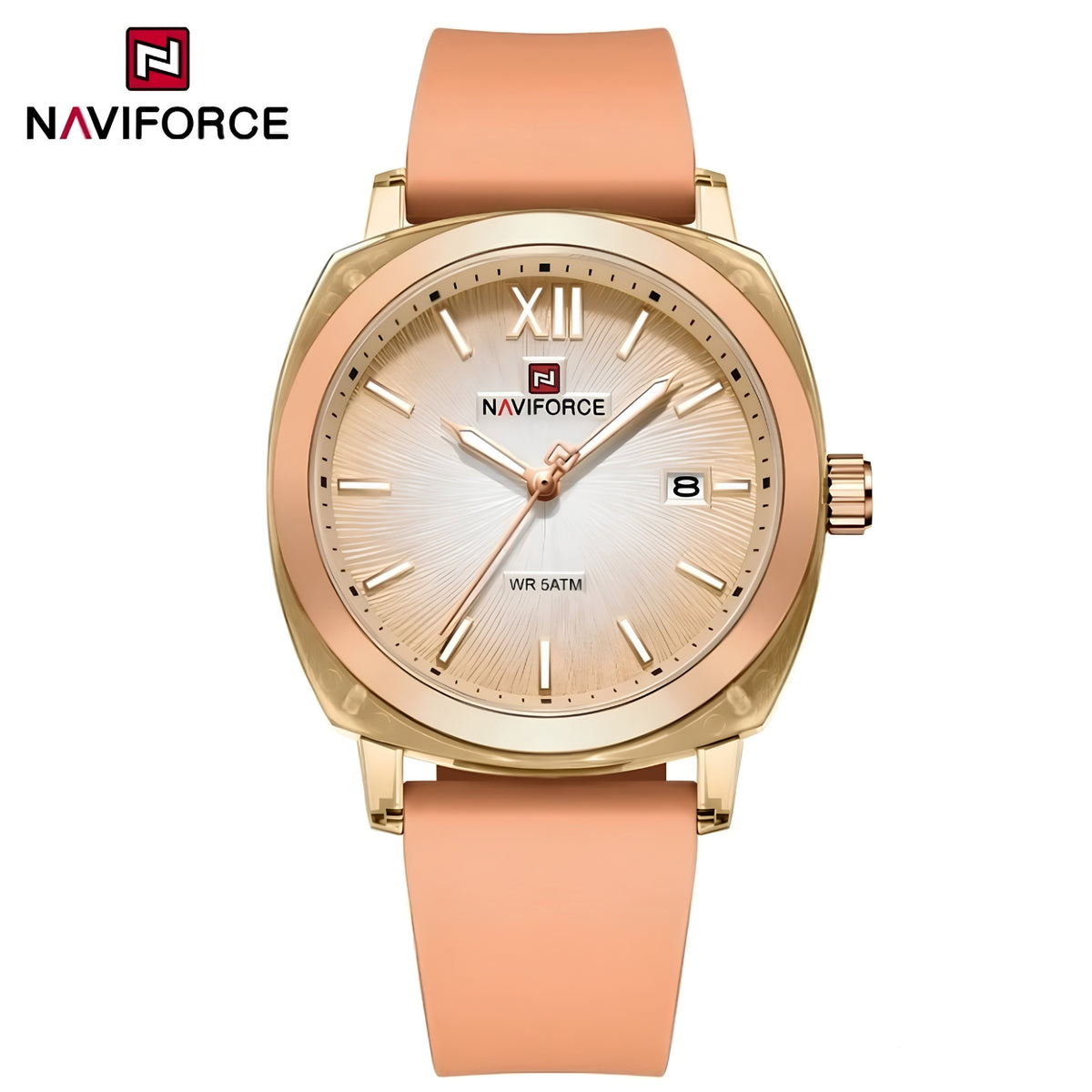 Naviforce Reloj Analógico Rose Gold con Correa de Silicona, Diámetro de 37 mm, Cristal Acrílico HD y Resistencia al Agua 5 ATM.
