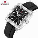 Naviforce Reloj Analógico Negro con Detalles Plateados, Correa de Silicona, Diámetro de 39 mm, Cristal Acrílico HD y Resistencia al Agua 5 ATM.