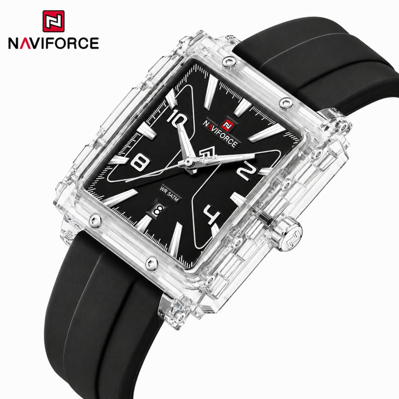 Naviforce Reloj Analógico Negro con Detalles Plateados, Correa de Silicona, Diámetro de 39 mm, Cristal Acrílico HD y Resistencia al Agua 5 ATM.