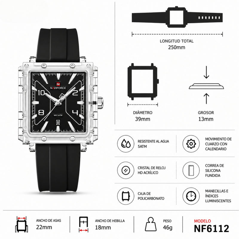 Naviforce Reloj Analógico Negro con Detalles Plateados, Correa de Silicona, Diámetro de 39 mm, Cristal Acrílico HD y Resistencia al Agua 5 ATM.