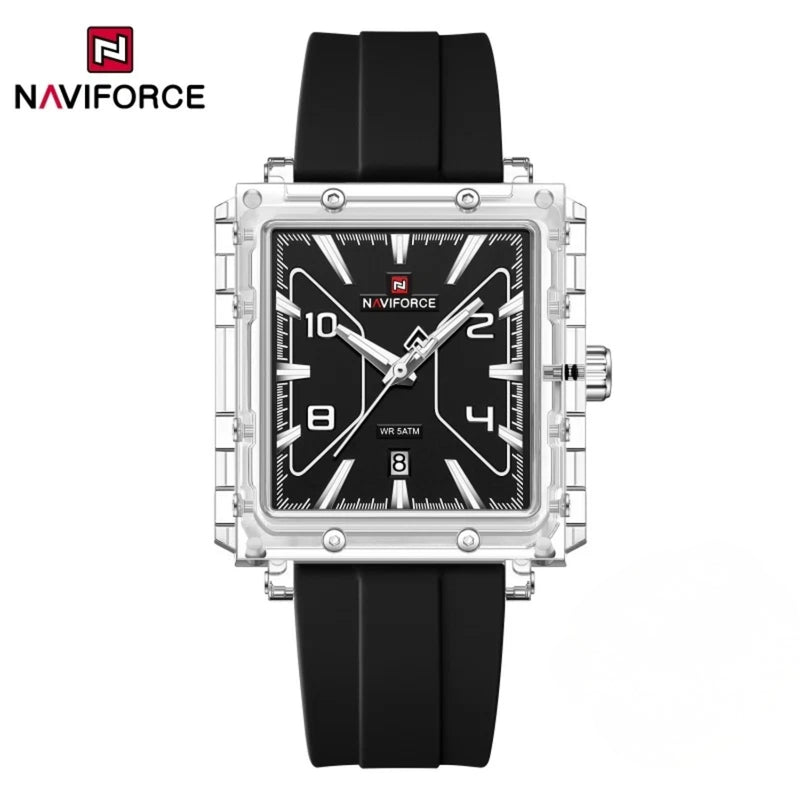 Naviforce Reloj Analógico Negro con Detalles Plateados, Correa de Silicona, Diámetro de 39 mm, Cristal Acrílico HD y Resistencia al Agua 5 ATM.
