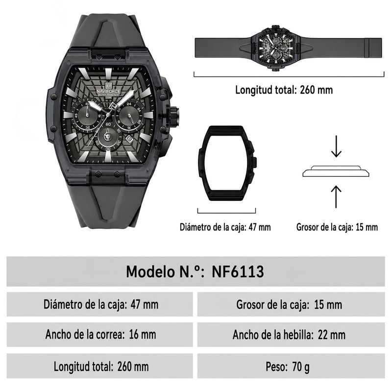 Naviforce Reloj Cronógrafo Gris Oscuro con Correa de Silicona, Diámetro de 47 mm y Resistencia al Agua 5 ATM.