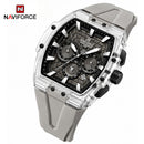 Naviforce Reloj Cronógrafo Gris Claro con Correa de Silicona, Diámetro de 47 mm, Cristal Acrílico HD y Resistencia al Agua 5 ATM.