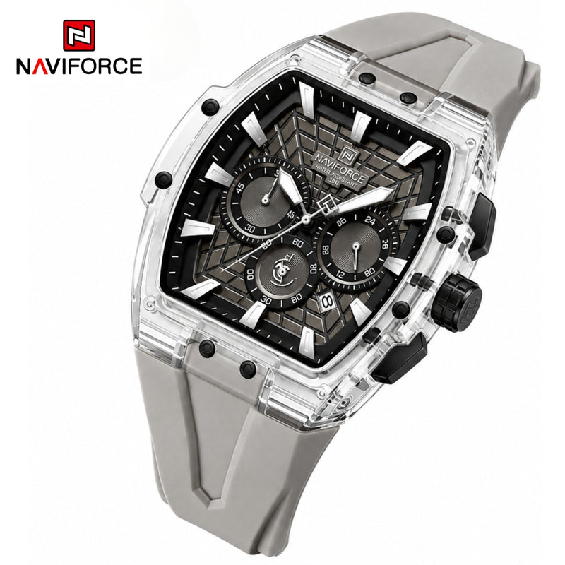 Naviforce Reloj Cronógrafo Gris Claro con Correa de Silicona, Diámetro de 47 mm, Cristal Acrílico HD y Resistencia al Agua 5 ATM.