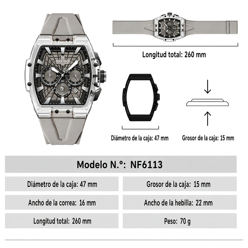 Naviforce Reloj Cronógrafo Gris Claro con Correa de Silicona, Diámetro de 47 mm, Cristal Acrílico HD y Resistencia al Agua 5 ATM.