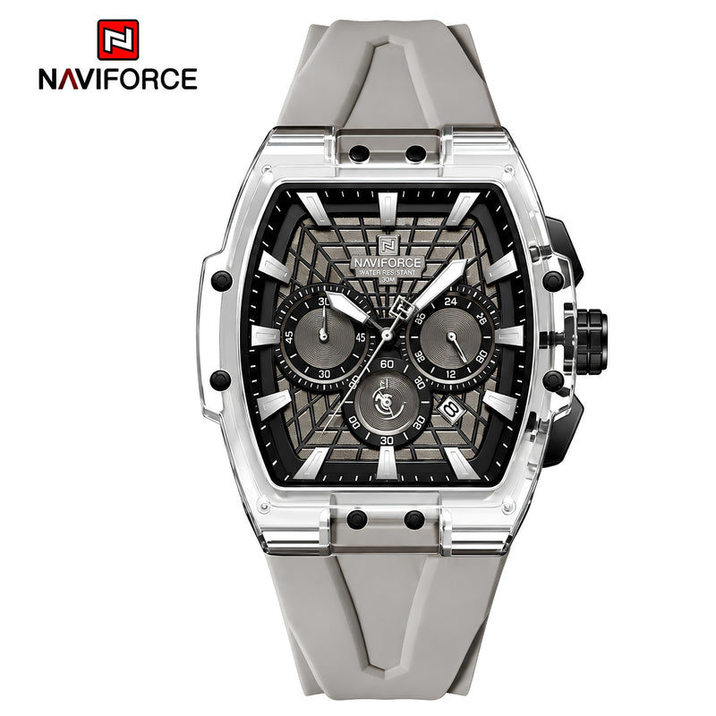Naviforce Reloj Cronógrafo Gris Claro con Correa de Silicona, Diámetro de 47 mm, Cristal Acrílico HD y Resistencia al Agua 5 ATM.