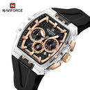 Naviforce Reloj Cronógrafo Negro con Detalles Rose Gold, Correa de Silicona Negra, Diámetro de 47 mm, Cristal Acrílico HD y Resistencia al Agua 5 ATM.
