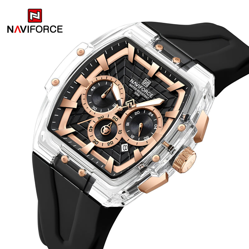 Naviforce Reloj Cronógrafo Negro con Detalles Rose Gold, Correa de Silicona Negra, Diámetro de 47 mm, Cristal Acrílico HD y Resistencia al Agua 5 ATM.