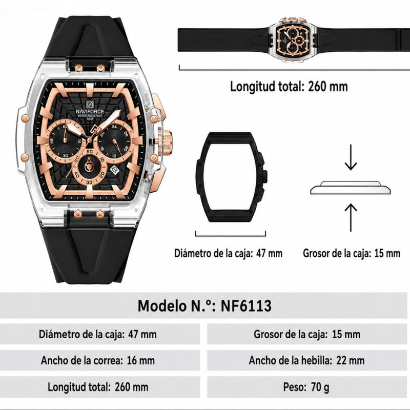 Naviforce Reloj Cronógrafo Negro con Detalles Rose Gold, Correa de Silicona Negra, Diámetro de 47 mm, Cristal Acrílico HD y Resistencia al Agua 5 ATM.