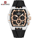 Naviforce Reloj Cronógrafo Negro con Detalles Rose Gold, Correa de Silicona Negra, Diámetro de 47 mm, Cristal Acrílico HD y Resistencia al Agua 5 ATM.