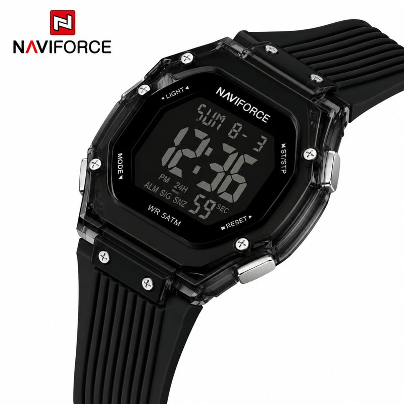 Naviforce Reloj Digital Negro con Correa de Silicona, Diámetro de 36 mm, Cristal Acrílico HD y Resistencia al Agua 5 ATM.