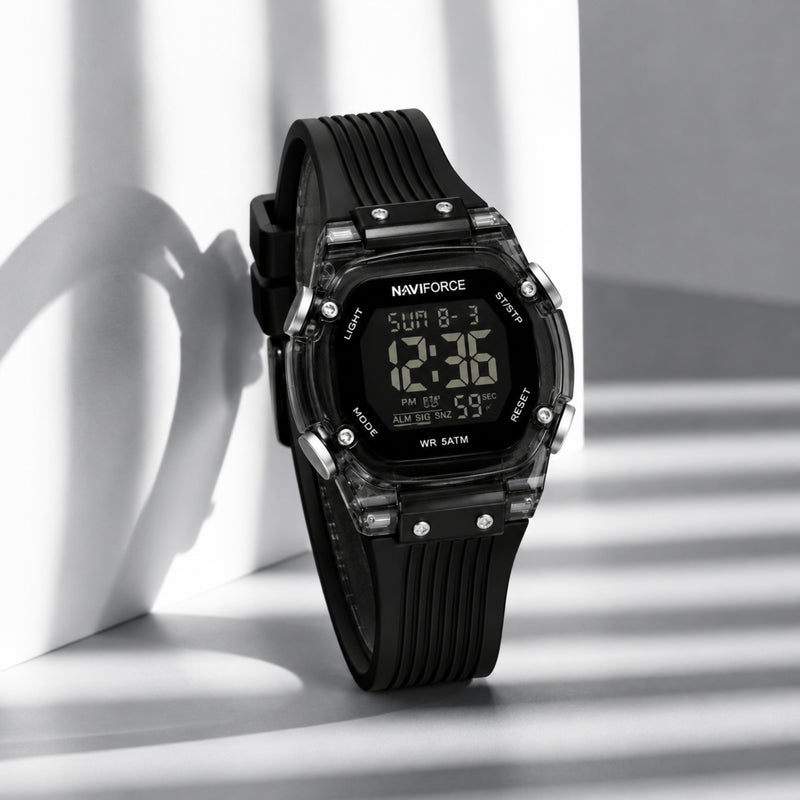 Naviforce Reloj Digital Negro con Correa de Silicona, Diámetro de 36 mm, Cristal Acrílico HD y Resistencia al Agua 5 ATM.