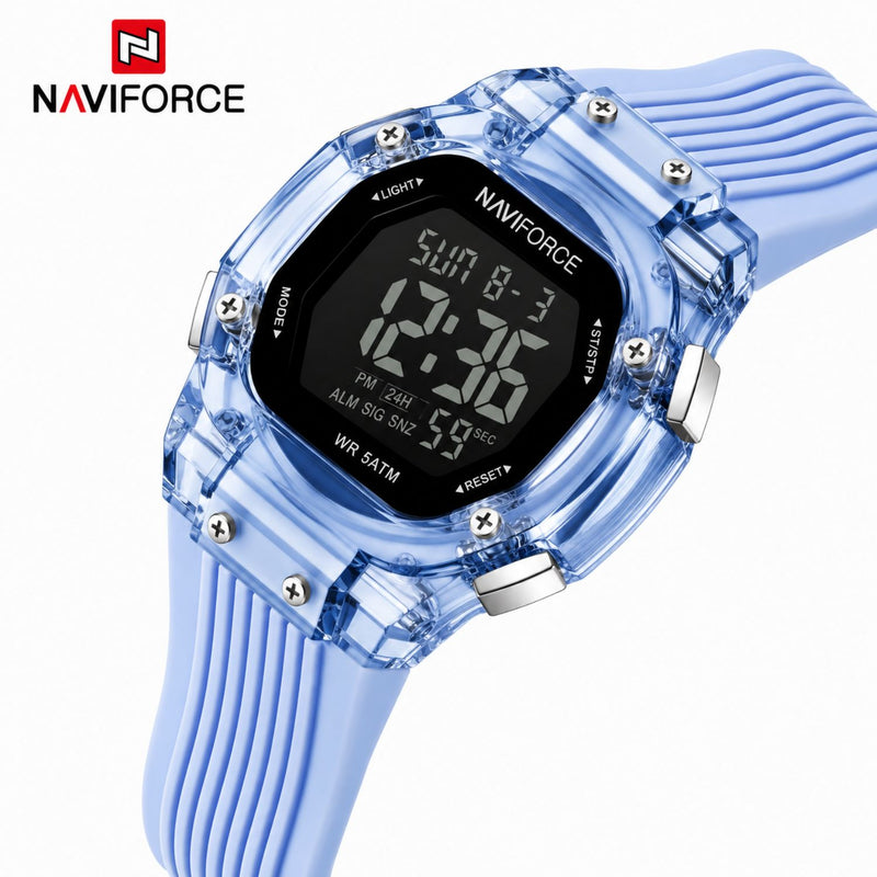 Naviforce Reloj Digital Azul con Correa de Silicona, Diámetro de 36 mm, Cristal Acrílico HD y Resistencia al Agua 5 ATM.