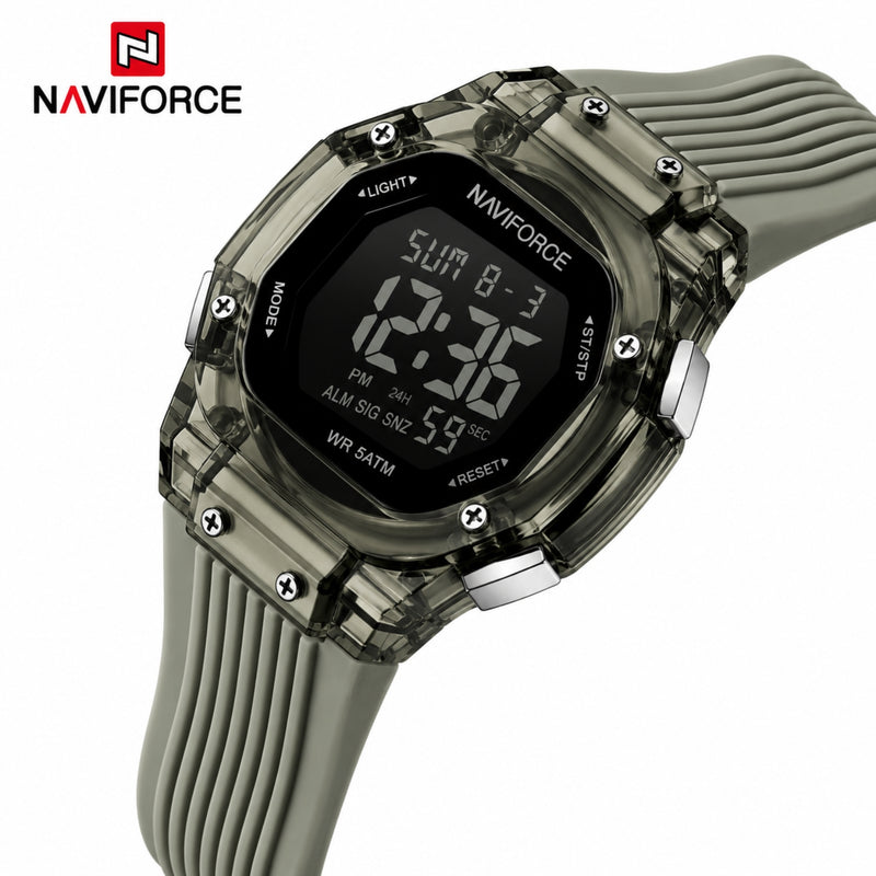 Naviforce Reloj Digital Verde con Negro con Correa de Silicona, Diámetro de 36 mm, Cristal Acrílico HD y Resistencia al Agua 5 ATM.