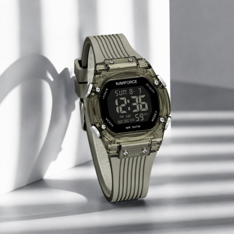 Naviforce Reloj Digital Verde con Negro con Correa de Silicona, Diámetro de 36 mm, Cristal Acrílico HD y Resistencia al Agua 5 ATM.