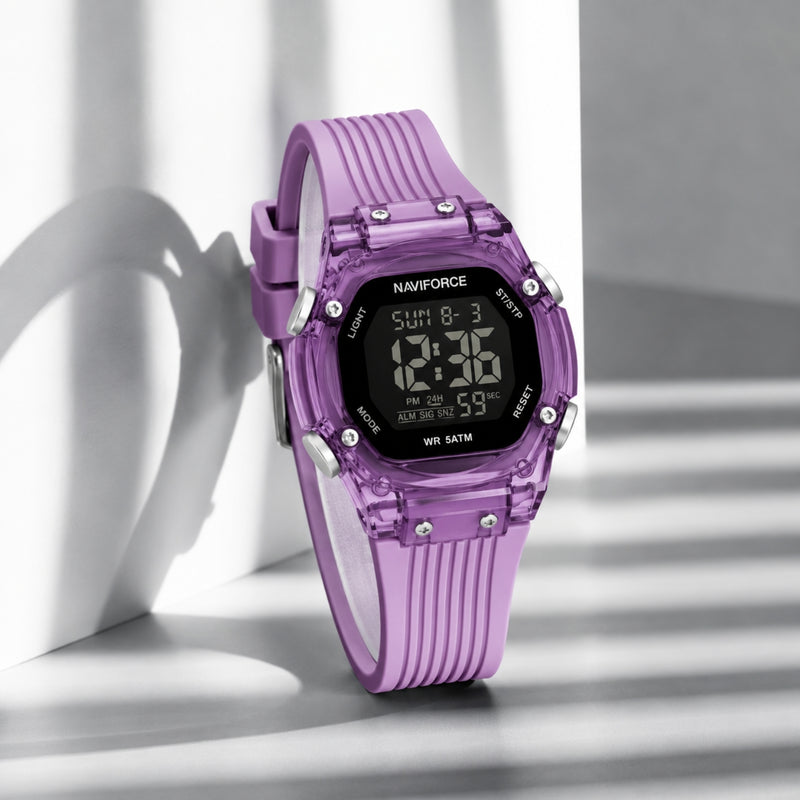 Naviforce Reloj Digital Morado con Correa de Silicona, Diámetro de 36 mm, Cristal Acrílico HD y Resistencia al Agua 5 ATM.