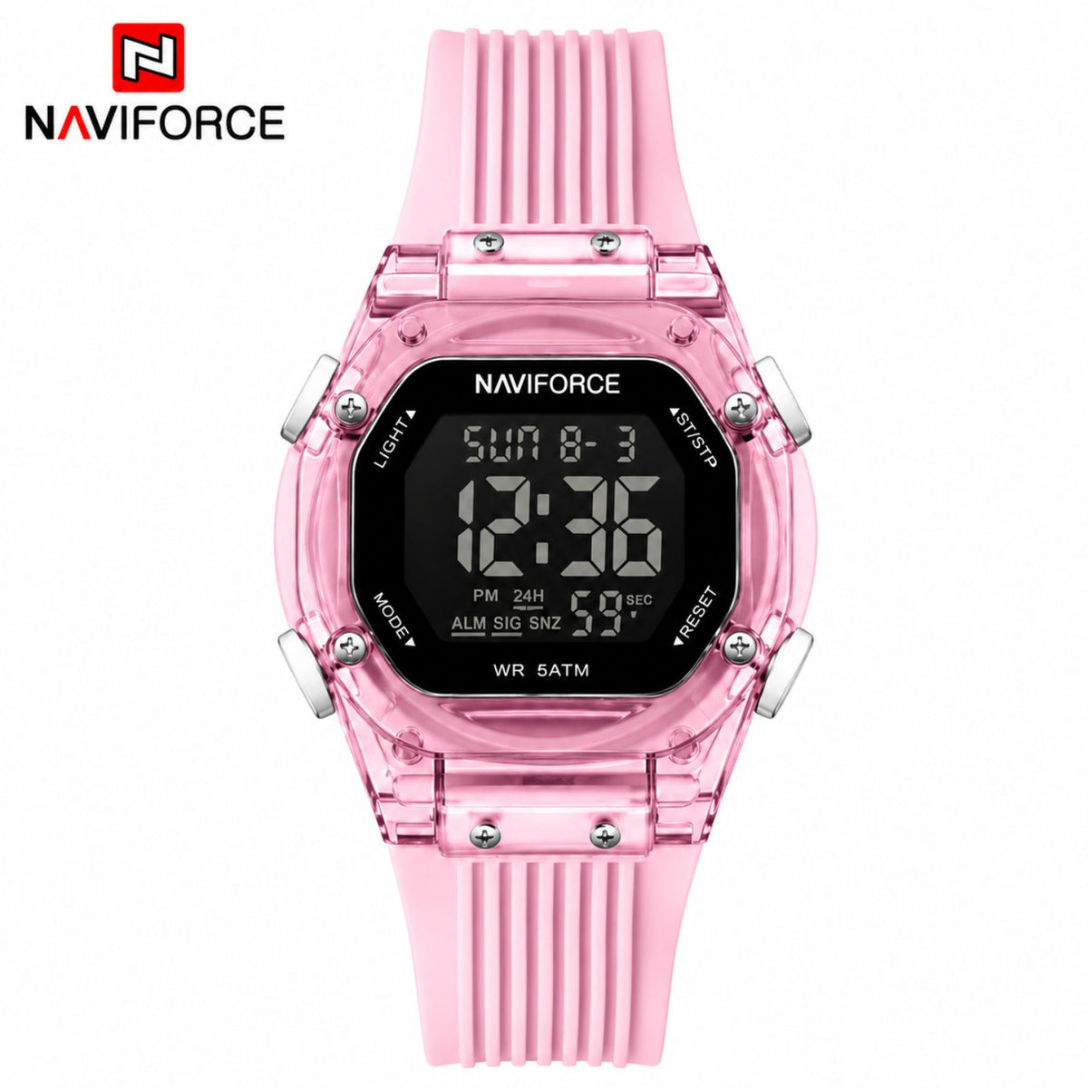 Naviforce Reloj Digital Rosado con Correa de Silicona, Diámetro de 36 mm, Cristal Acrílico HD y Resistencia al Agua 5 ATM.
