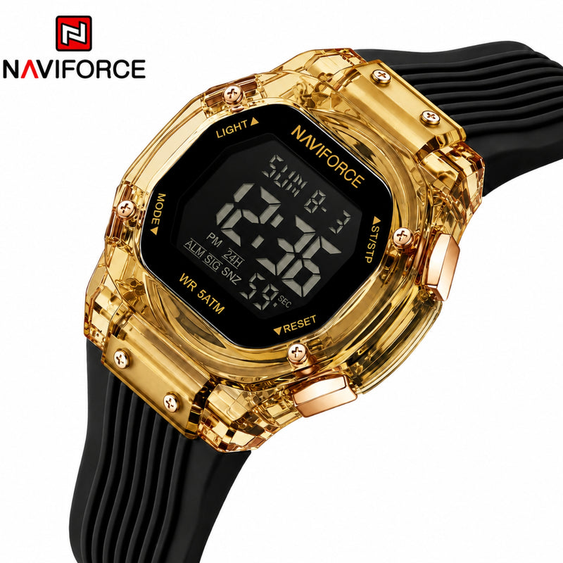 Naviforce Reloj Digital Negro con Dorado con Correa de Silicona, Diámetro de 36 mm, Cristal Acrílico HD y Resistencia al Agua 5 ATM.
