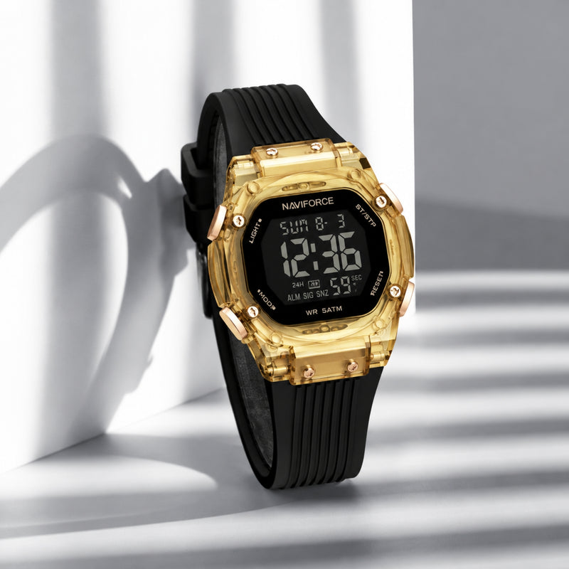 Naviforce Reloj Digital Negro con Dorado con Correa de Silicona, Diámetro de 36 mm, Cristal Acrílico HD y Resistencia al Agua 5 ATM.