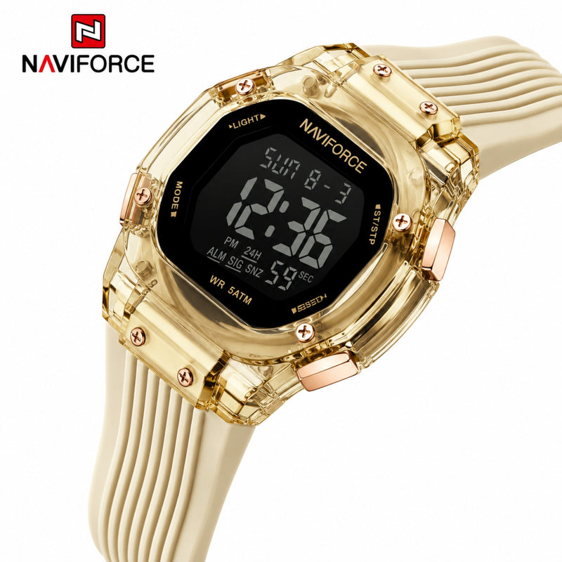 Naviforce Reloj Digital Dorado con Negro con Correa de Silicona, Diámetro de 36 mm, Cristal Acrílico HD y Resistencia al Agua 5 ATM.