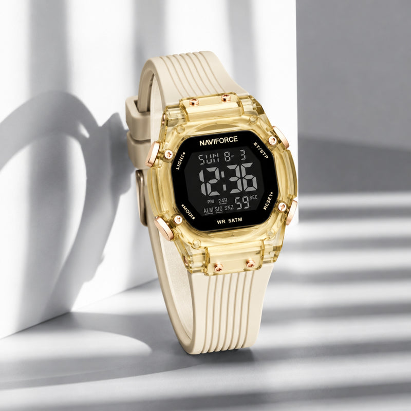 Naviforce Reloj Digital Dorado con Negro con Correa de Silicona, Diámetro de 36 mm, Cristal Acrílico HD y Resistencia al Agua 5 ATM.