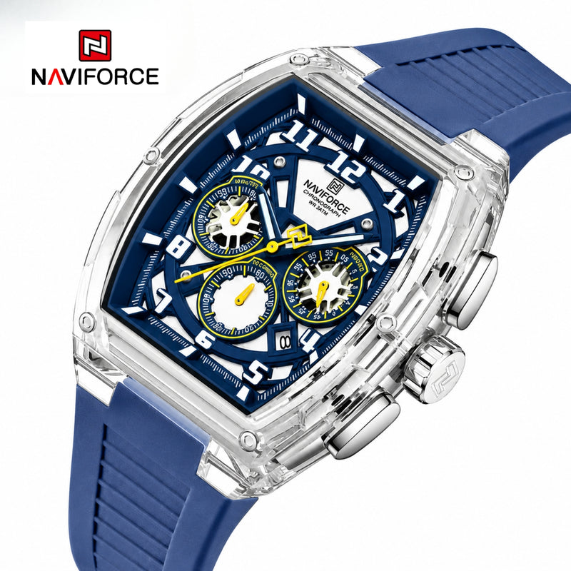 Naviforce Reloj Cronógrafo Azul con Correa de Silicona, Diámetro de 46 mm y Resistencia al Agua 5 ATM.