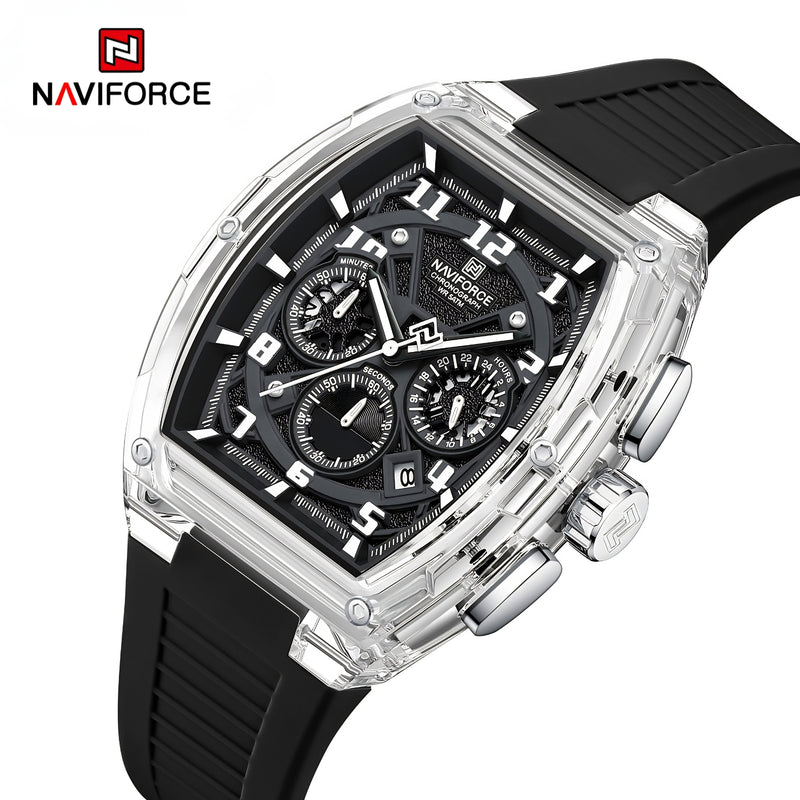 Naviforce Reloj Cronógrafo Negro con Correa de Silicona, Diámetro de 46 mm y Resistencia al Agua 5 ATM.