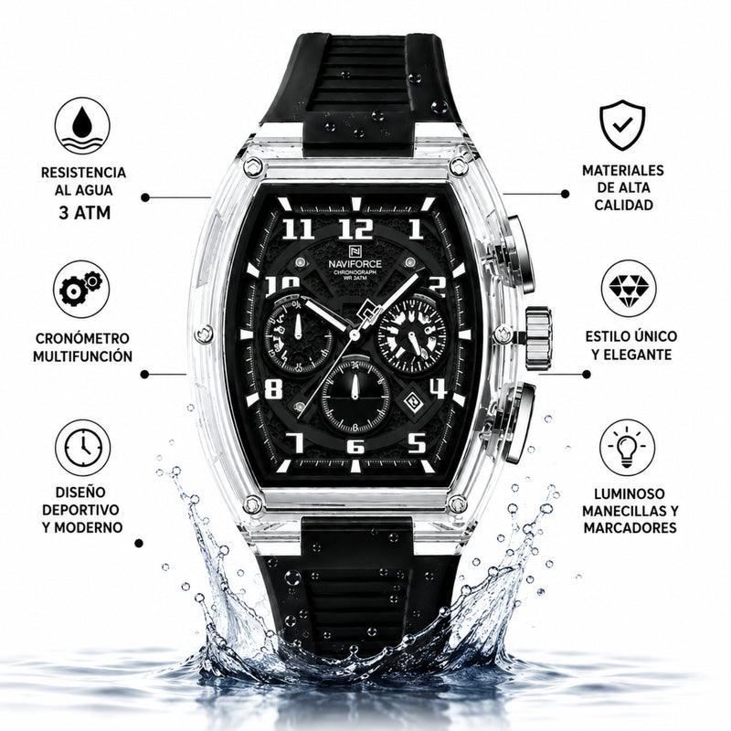 Naviforce Reloj Cronógrafo Negro con Correa de Silicona, Diámetro de 46 mm y Resistencia al Agua 5 ATM.