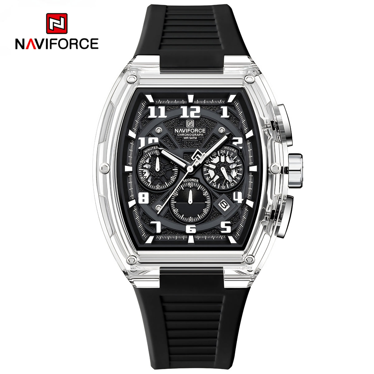 Naviforce Reloj Cronógrafo Negro con Correa de Silicona, Diámetro de 46 mm y Resistencia al Agua 5 ATM.