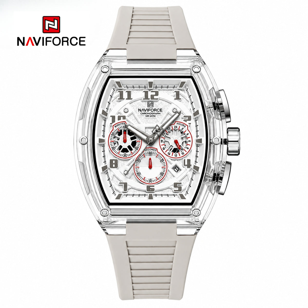 Naviforce Reloj Cronógrafo Gris Claro con Correa de Silicona, Diámetro de 46 mm y Resistencia al Agua 5 ATM.