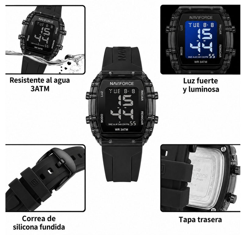Naviforce Reloj Digital Negro con Pantalla LCD, Correa de Silicona, Diámetro de 35 mm, Luz LED y Resistencia al Agua 3 ATM.