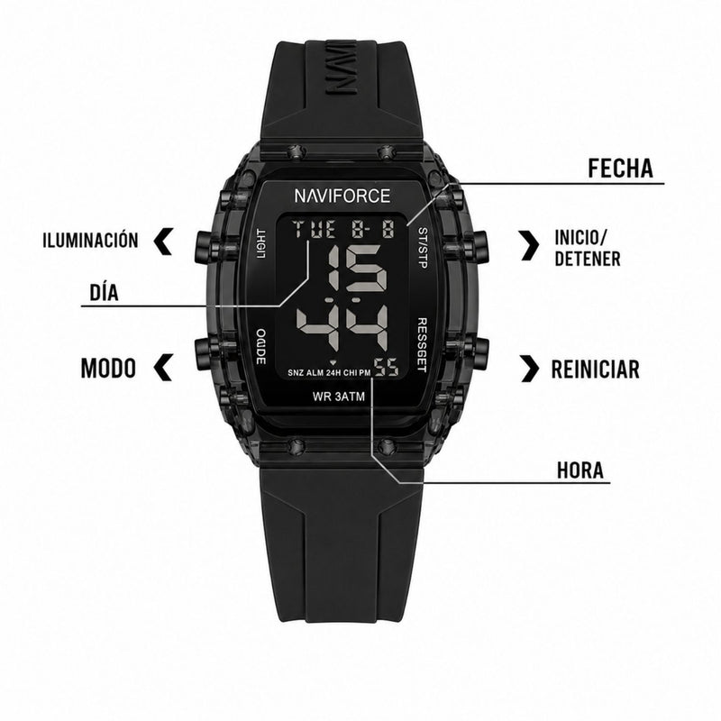 Naviforce Reloj Digital Negro con Pantalla LCD, Correa de Silicona, Diámetro de 35 mm, Luz LED y Resistencia al Agua 3 ATM.