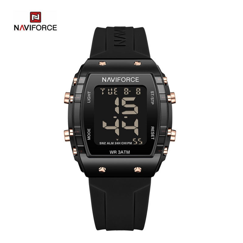 Naviforce Reloj Digital Negro con Pantalla LCD, Correa de Silicona, Diámetro de 35 mm, Luz LED y Resistencia al Agua 3 ATM.