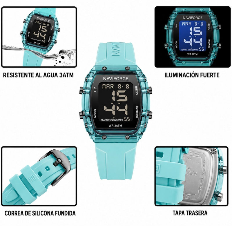 Naviforce Reloj Digital Azul con Pantalla LCD, Correa de Silicona, Diámetro de 35 mm, Luz LED y Resistencia al Agua 3 ATM.