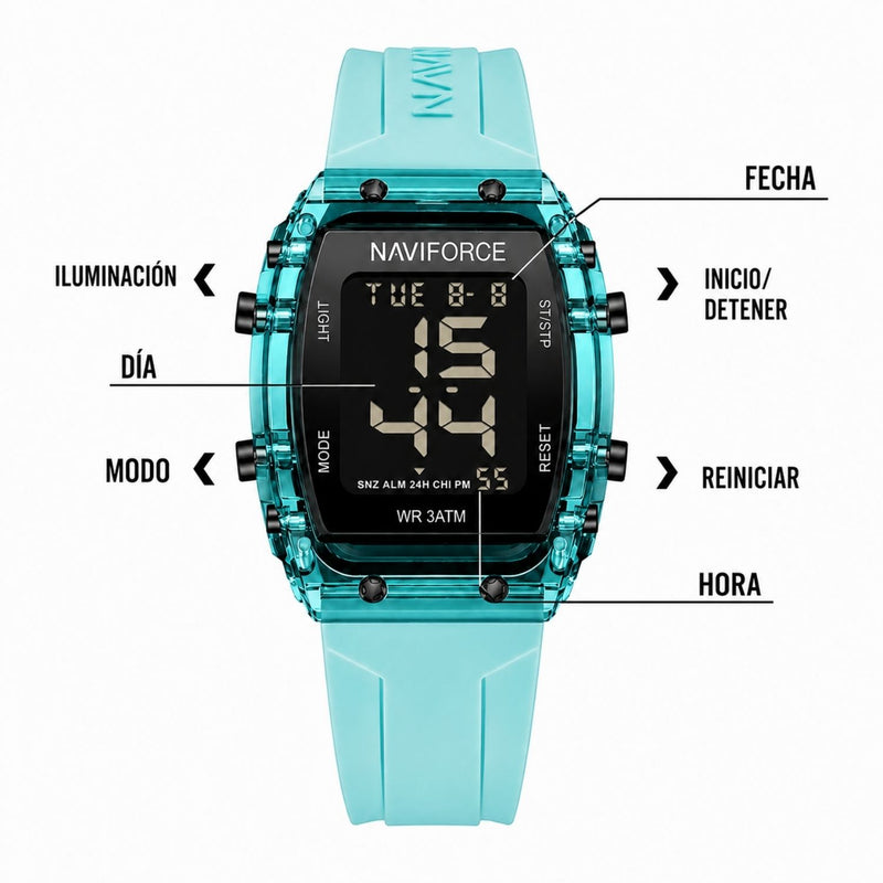 Naviforce Reloj Digital Azul con Pantalla LCD, Correa de Silicona, Diámetro de 35 mm, Luz LED y Resistencia al Agua 3 ATM.