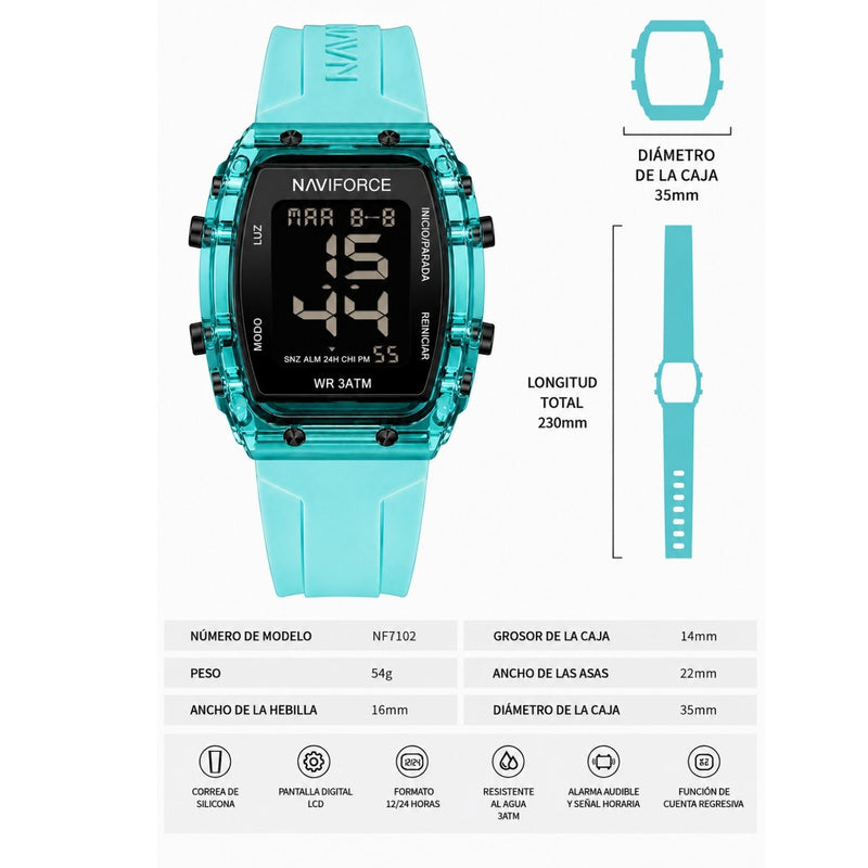 Naviforce Reloj Digital Azul con Pantalla LCD, Correa de Silicona, Diámetro de 35 mm, Luz LED y Resistencia al Agua 3 ATM.