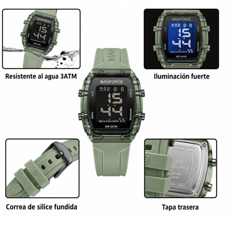 Naviforce Reloj Digital Verde con Pantalla LCD, Correa de Silicona, Diámetro de 35 mm, Luz LED y Resistencia al Agua 3 ATM.