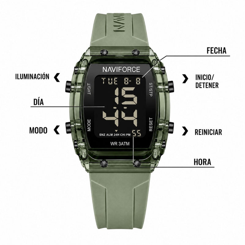 Naviforce Reloj Digital Verde con Pantalla LCD, Correa de Silicona, Diámetro de 35 mm, Luz LED y Resistencia al Agua 3 ATM.