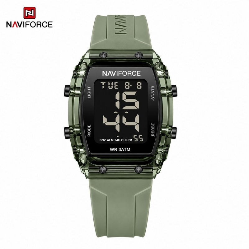 Naviforce Reloj Digital Verde con Pantalla LCD, Correa de Silicona, Diámetro de 35 mm, Luz LED y Resistencia al Agua 3 ATM.