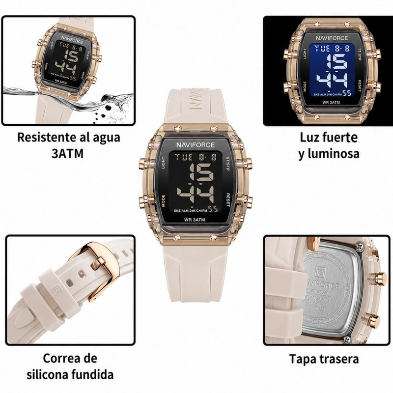 Naviforce Reloj Digital Rose Gold  con Pantalla LCD, Correa de Silicona, Diámetro de 35 mm, Luz LED y Resistencia al Agua 3 ATM.