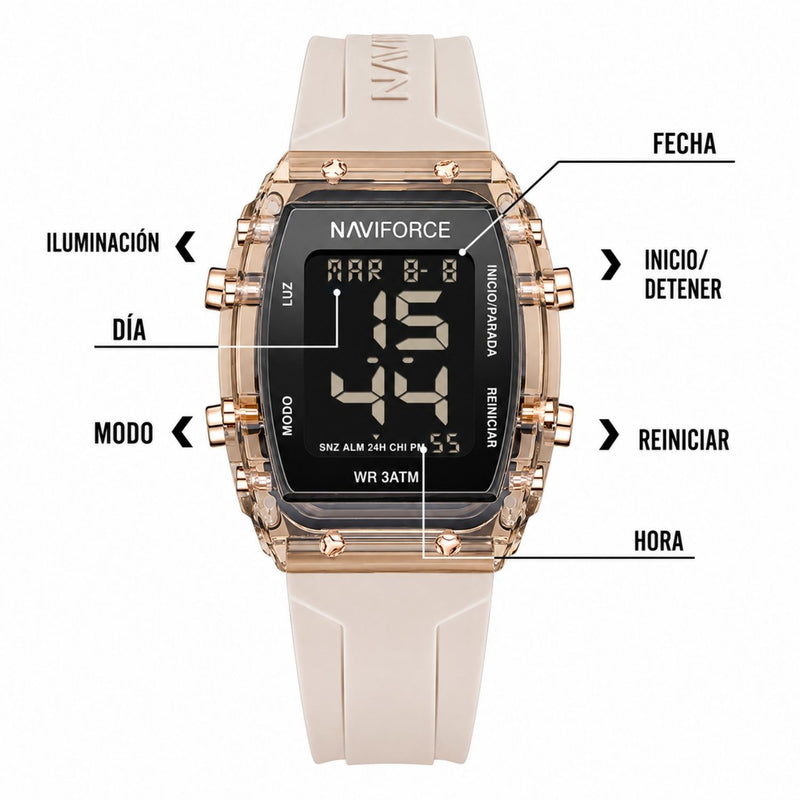 Naviforce Reloj Digital Rose Gold  con Pantalla LCD, Correa de Silicona, Diámetro de 35 mm, Luz LED y Resistencia al Agua 3 ATM.
