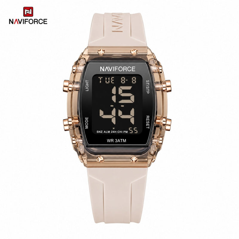 Naviforce Reloj Digital Rose Gold  con Pantalla LCD, Correa de Silicona, Diámetro de 35 mm, Luz LED y Resistencia al Agua 3 ATM.