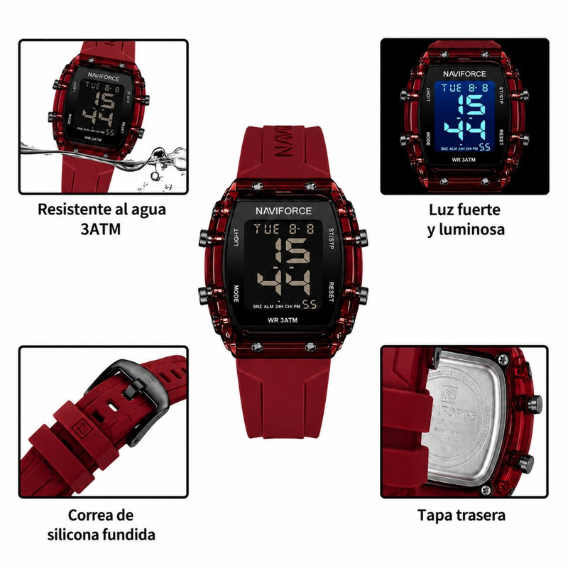 Naviforce Reloj Digital Rojo con Negro con Pantalla LCD, Correa de Silicona, Diámetro de 35 mm, Luz LED y Resistencia al Agua 3 ATM.