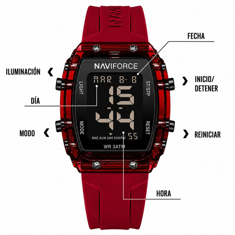 Naviforce Reloj Digital Rojo con Negro con Pantalla LCD, Correa de Silicona, Diámetro de 35 mm, Luz LED y Resistencia al Agua 3 ATM.