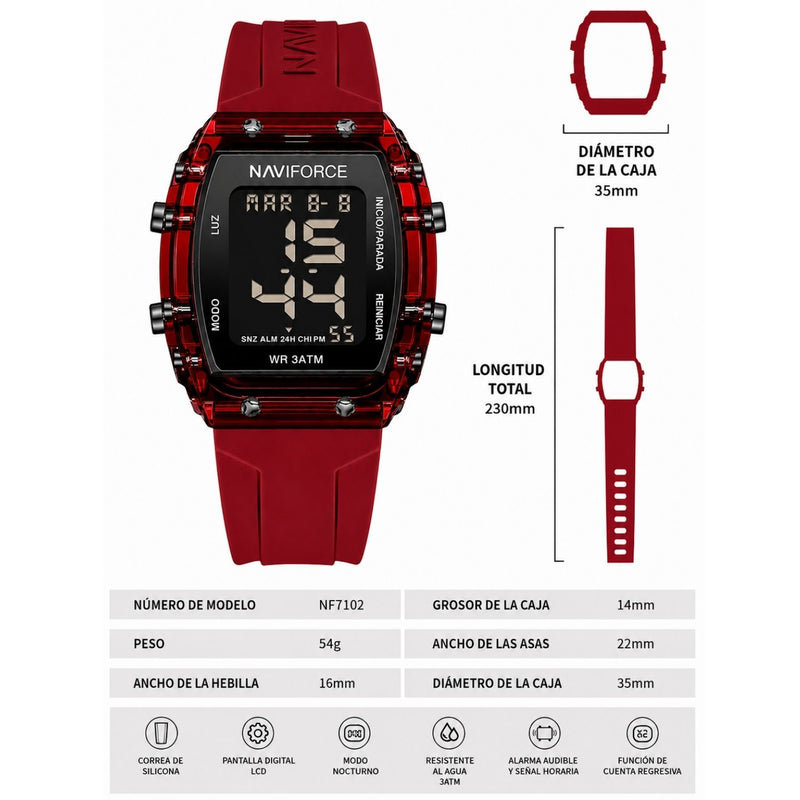 Naviforce Reloj Digital Rojo con Negro con Pantalla LCD, Correa de Silicona, Diámetro de 35 mm, Luz LED y Resistencia al Agua 3 ATM.